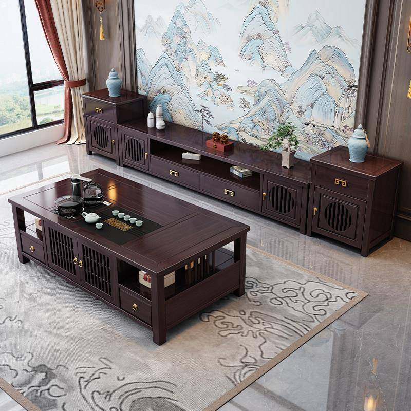 新中式实木电视柜茶几组合带热水壶客厅家用储物柜电视柜机柜边柜