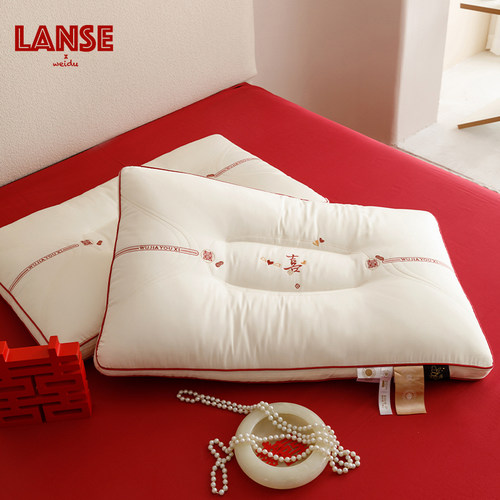 全棉喜字刺绣立体枕芯保护颈椎单人枕头柔软中低高度大豆纤维枕芯