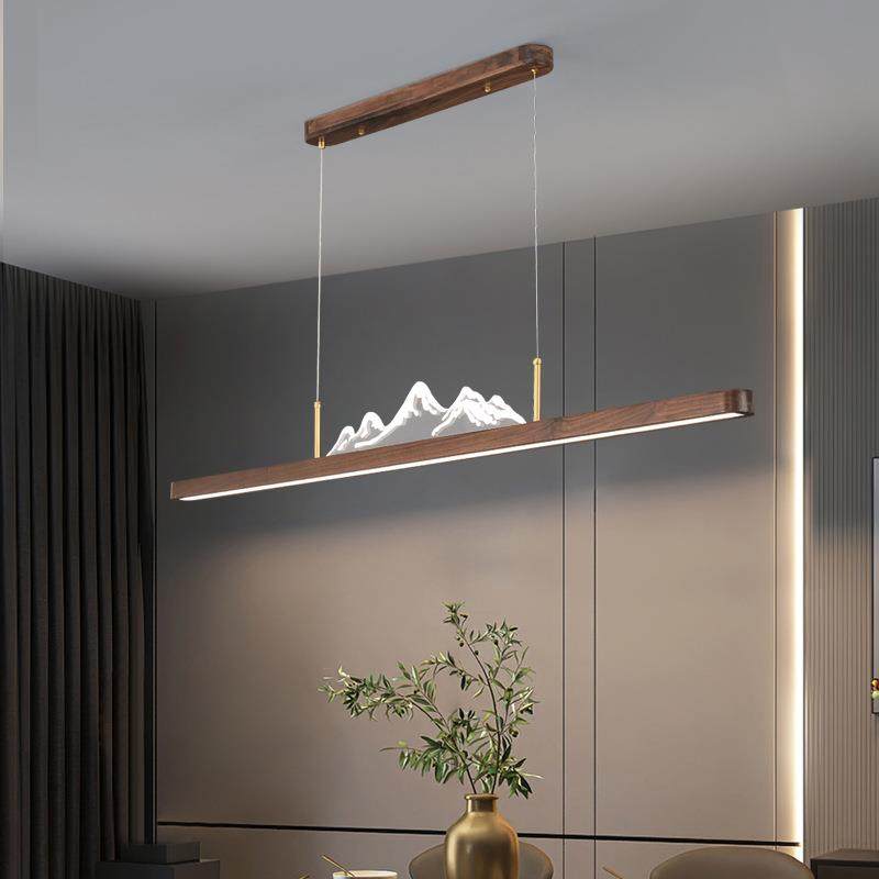 北美胡桃木长条餐厅LED灯复古风中山灯具新中式一字实木茶室吊灯