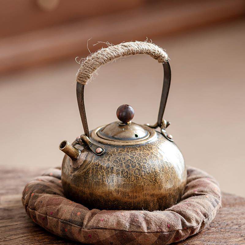 黄铜茶壶提梁壶煮水壶煮茶壶家用简约茶道铜艺小号麻绳防烫小号