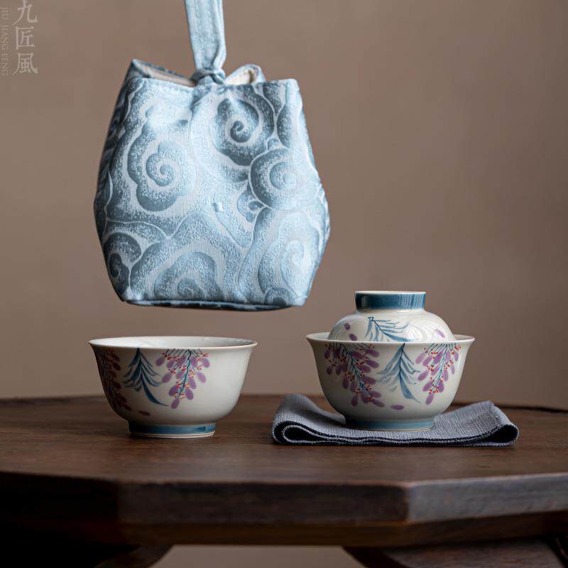 手绘旅行茶具套装草木灰紫藤花一人饮户外便携露营功夫茶具快客杯