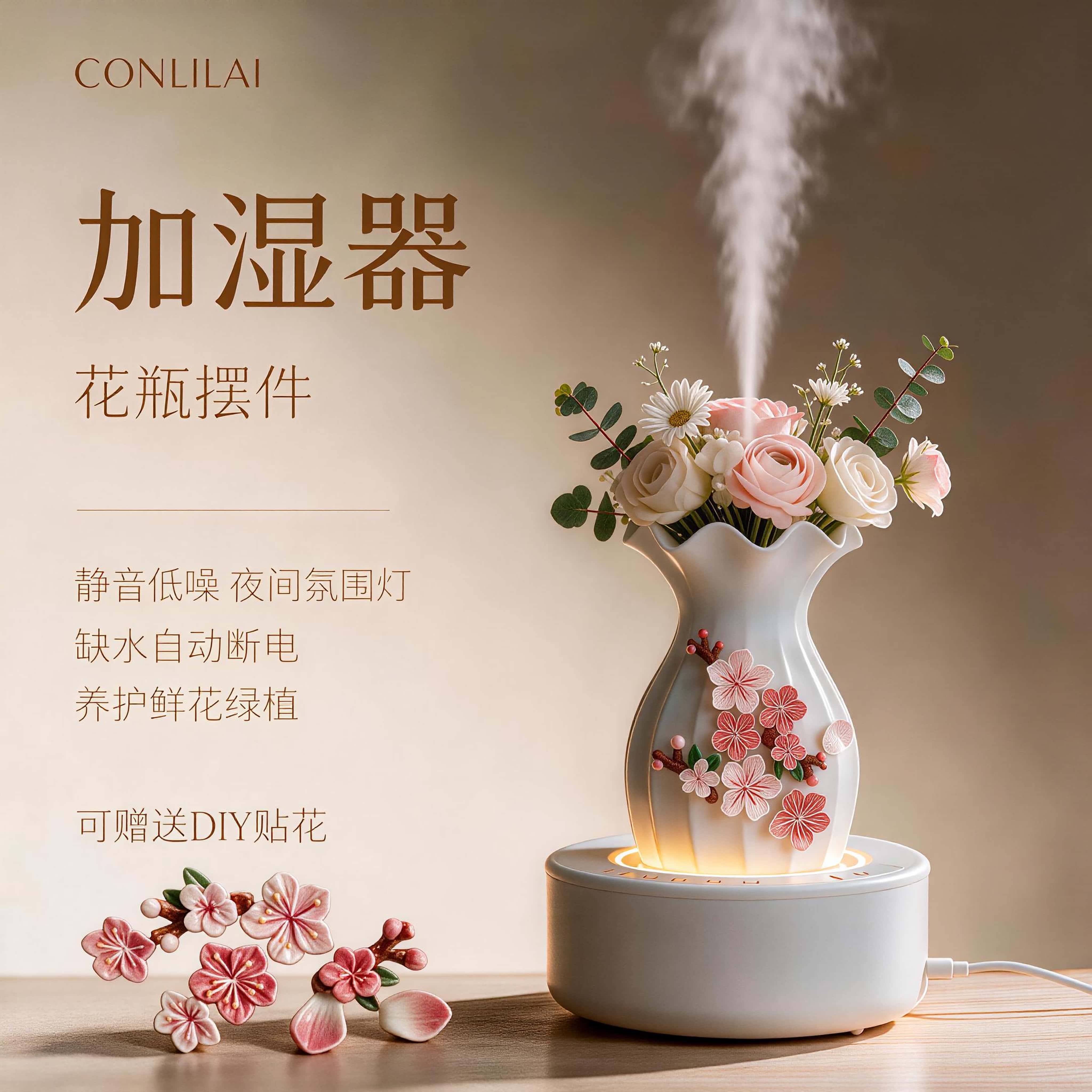 康立莱加湿器卧室家用静音小型办公室氛围灯花瓶USB插电桌面摆件
