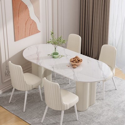奶油风岩板餐桌长方形轻奢后现代简约小户型高端岩板石餐桌椅组合