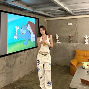 十字架阔腿白色牛仔裤女夏天薄款男夏季显瘦宽松慵懒垂感直筒裤子