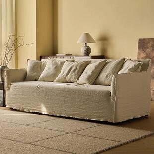 布艺侘寂风棉麻沙发现代三人直排可拆洗小户型客厅民宿亚麻沙发