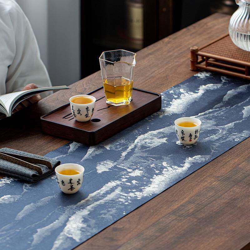 茶席桌旗鹿茸皮水画国风茶道布艺件桌GUN布干配山泡茶茶旗复古