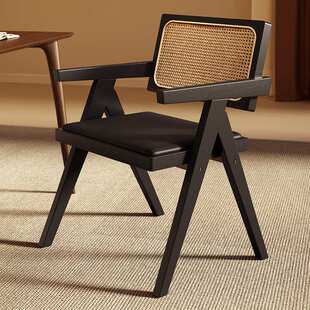 昌迪加尔椅实木餐椅家用中古风软包椅子侘寂靠背椅茶椅藤编餐桌椅