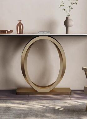 意式轻奢不锈玄关台VRG墅走靠廊墙端别景台岩板入户半钢圆玄关桌