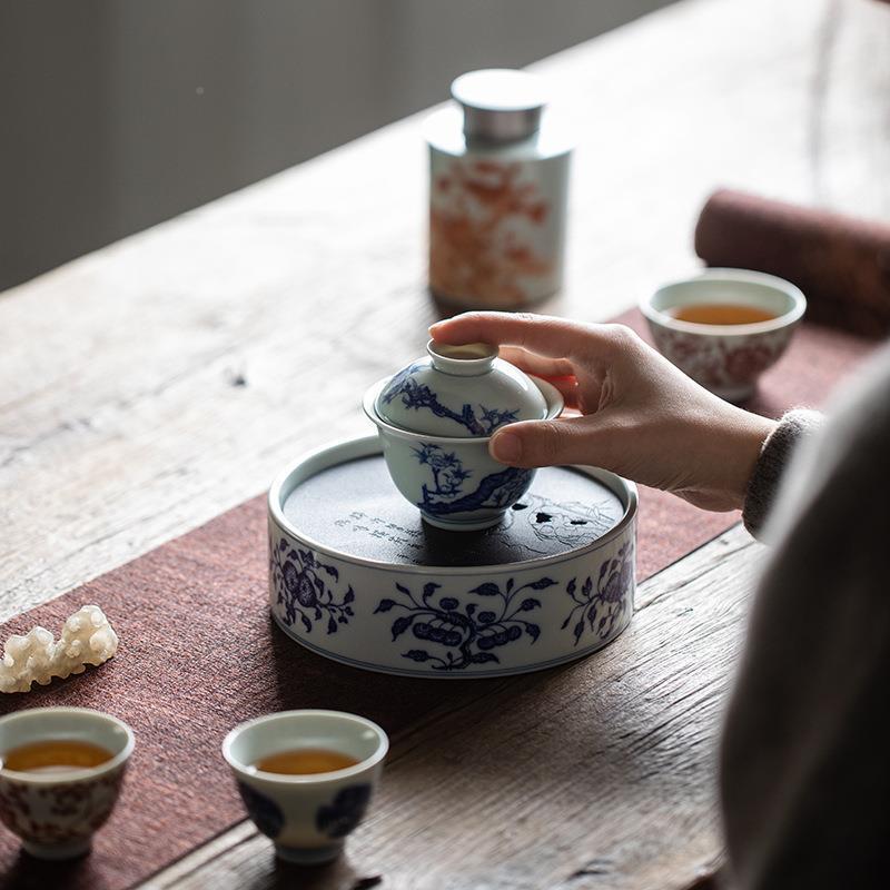 古青花釉承里红垫端储水壶承干泡台养壶茶壶托TB680643盖碗底茶具