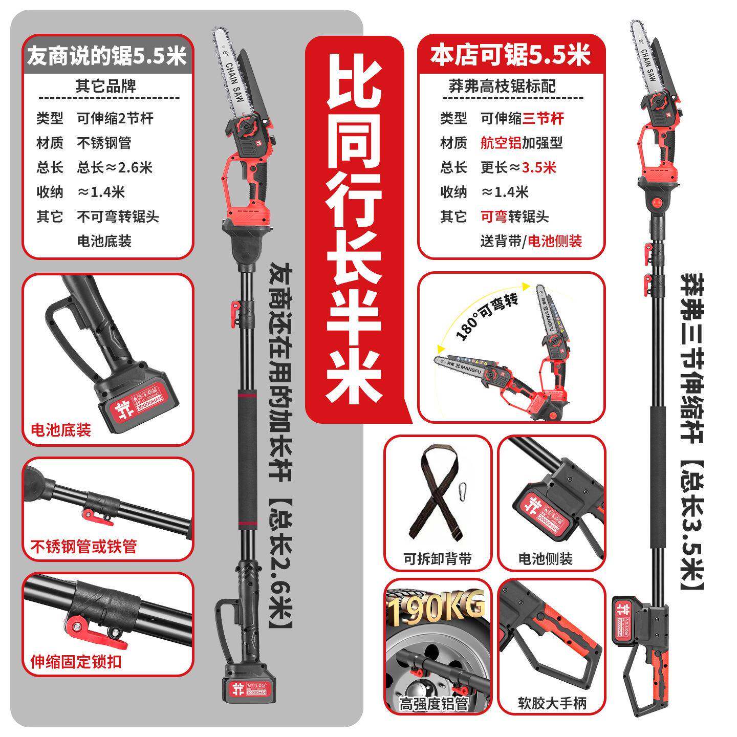 新款锂电高枝锯电动高加杆310伸缩充电式修长剪树枝园林高剪空枝