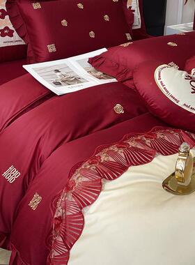 WZ100844主婚婚礼床上用品件套结陪嫁女方大公红色纯全四纯棉床单