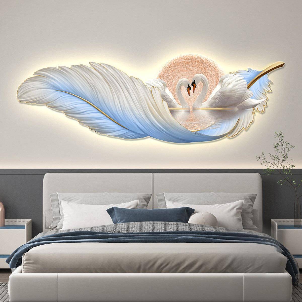 灯轻奢馨卧室床头温装饰卧画羽毛天鹅led氛围HLT-272画挂画房间主