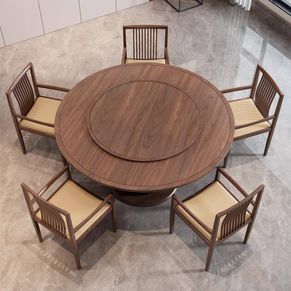 轻奢黑胡墅桃木圆形餐桌桌纯实木岩板现代别CZ-0015中式家用大圆