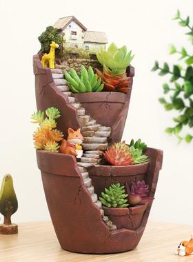 悠然见天空之城卡通办公室搭配多肉绿色植物装饰品树脂工艺品花盆