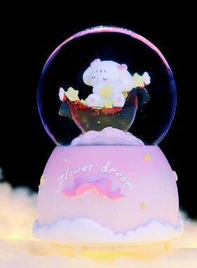 可爱芙芙狗云端萌宠旋转发光水晶球八音盒女生卧室氛围装饰品