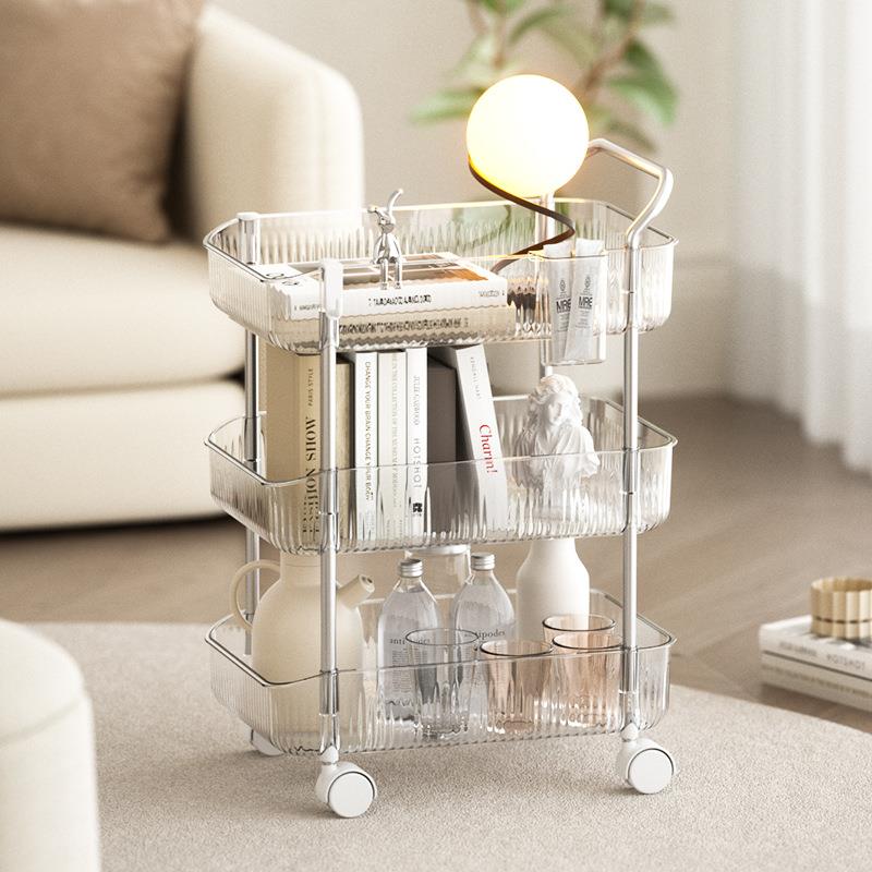 家用PET塑料透明置物架厨房浴室办公多层带轮子带挂篮收纳小推车