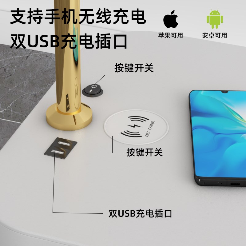 带灯床头柜2023新款简约现代奶油风置物架边几智能充电床边柜台灯图片