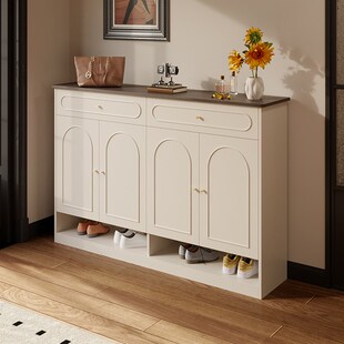 法式复古鞋柜收纳柜一体靠墙储物柜小户型落地矮柜中古玄关柜定制