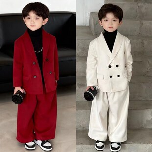 男孩西装套装冬儿童韩版洋气男童毛呢西服秋冬主持人礼服过年红色