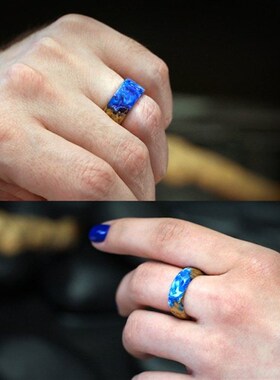 蓝色带戒指,木质树脂戒指,个性化环氧树脂戒指,海洋树脂首饰