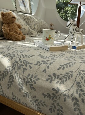 美式田园灰色小叶子纯棉秋冬磨毛床笠床单单件1.5m全棉床垫保护套