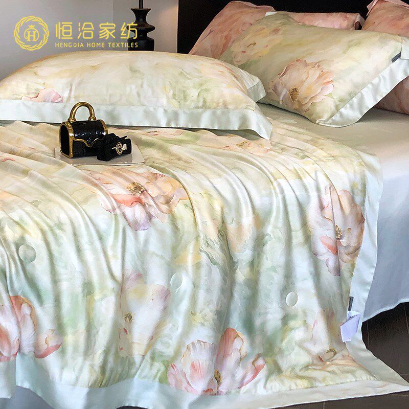 20%蚕丝夏季莱赛尔夏凉被四件套花卉印花空调被可水洗薄款绿粉色