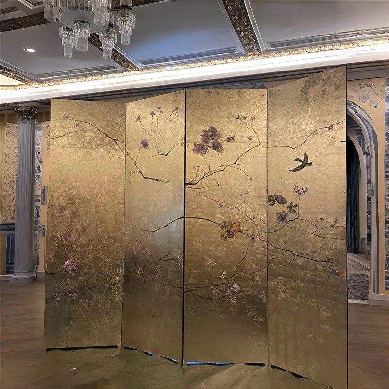 中古手绘金箔屏风漆画藤花花鸟客厅卧室隔断遮挡茶室玄关背景折屏