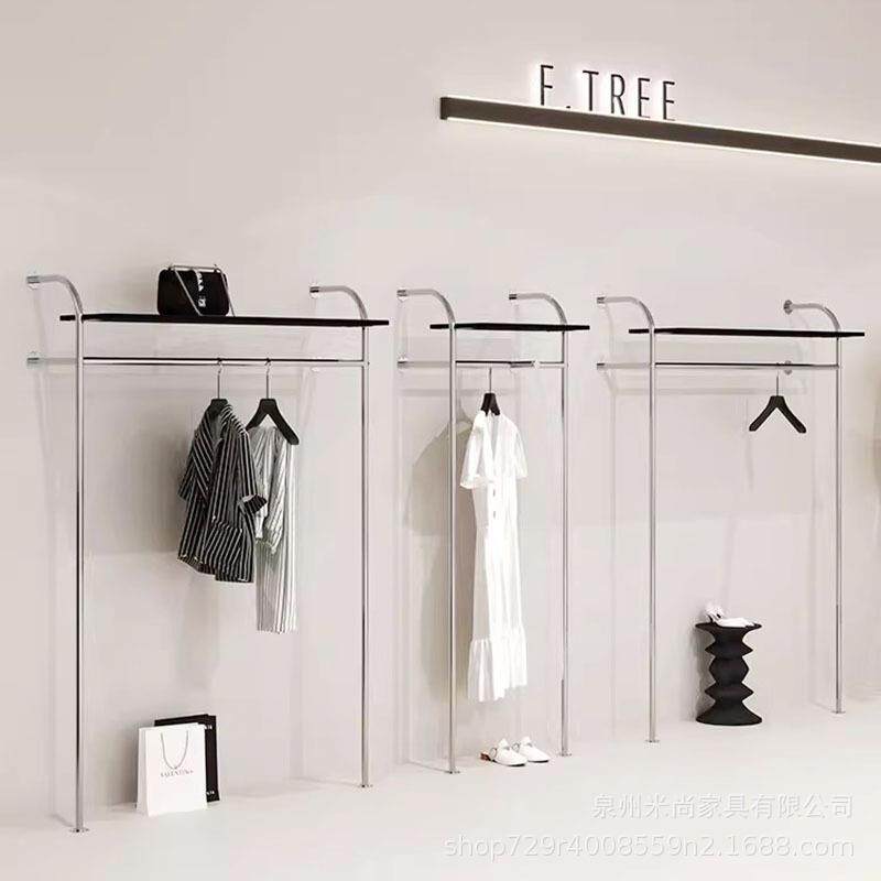 不锈钢上墙展示架落地式挂衣陈列架女装店鞋包饰品多层带板货架