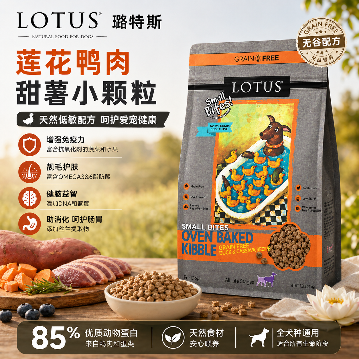 Lotus莲花璐特思低敏去泪痕无谷鸭肉小型犬小颗粒鸭肉甜薯