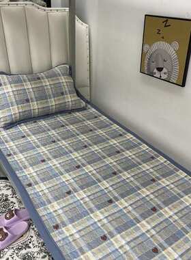 四季款水洗棉【学生宿舍专用】夹棉a类防滑不起皱床盖蓝色格子