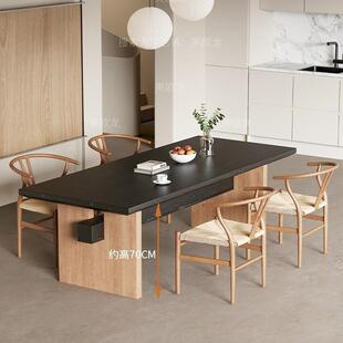 侘寂中古风实木大板餐桌长方形复古黑色家用一体两用客厅书桌茶桌