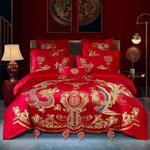 龙凤刺绣结婚床上用品四件套大红色全棉被套备婚六件套叠石桥家纺