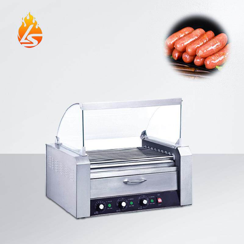 台式商用9棍烤肠机带玻璃罩带保温柜不锈钢摆摊热狗机烤香肠机器