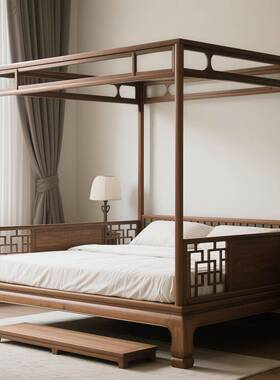 新中式架子学床老式人实木宋美拔式步床1米8双床79419中古风彷古