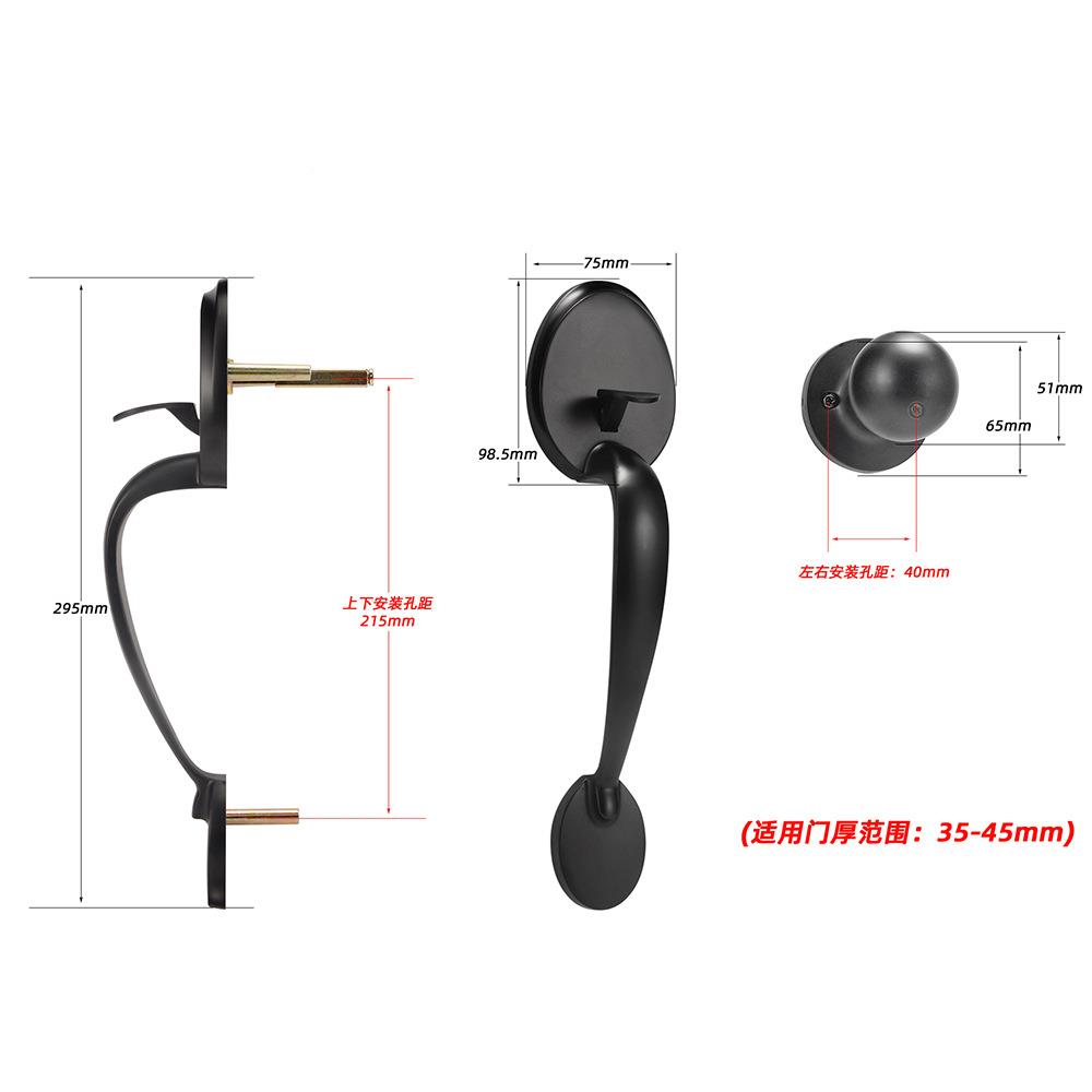 美式圆形大单拉手开单拉锌合金房门锁黑色把手锁方形8101半套锁门