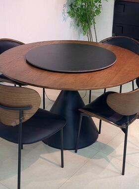 中古风实餐桌木椅组合碳钢圆形桌奢圆素桌67504带轻转盘家用小户