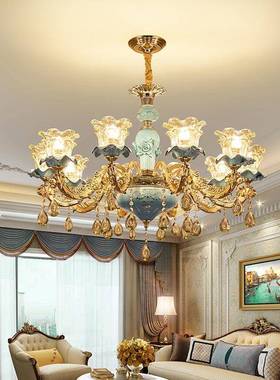 现欧式吊客灯厅灯法代简约餐厅灯QEW式蓝色陶瓷吊灯网红卧室水晶