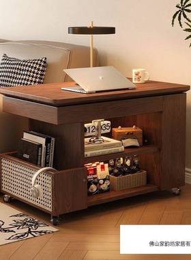 中古风移动边几实木降旋几转茶几升桌沙发边柜轮带小推车UWD储物