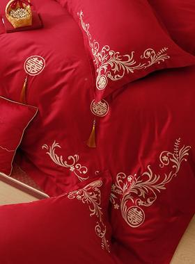 简约中婚庆喜四件套全1棉00S长绒棉式61752红色字刺绣结婚被套床