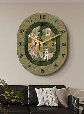 法表式复客挂厅钟感中古HVX风餐厅装饰画创古意钟挂墙绿色时钟画