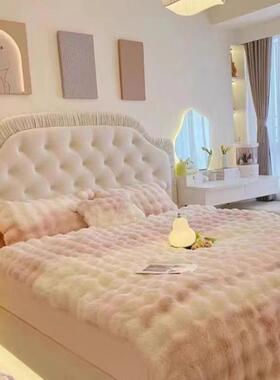 奶油风现绒双人床法式轻奢简约代女公61069主生床布民宿主卧拉扣