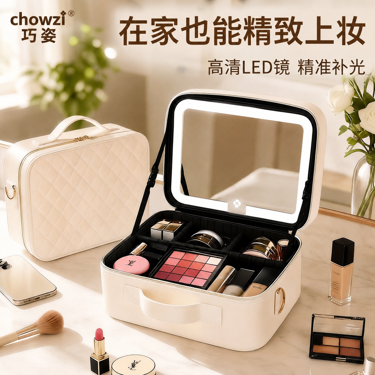 巧姿PU皮分区大容量带镜化妆包图片
