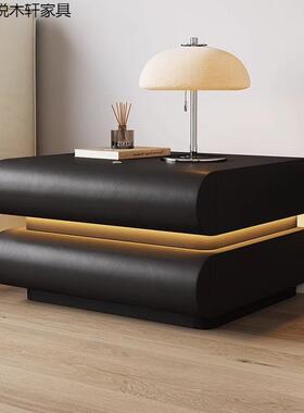 卧实室家用网奶油白色带灯床头红柜意式皮质黑色木床边纳储物TUT