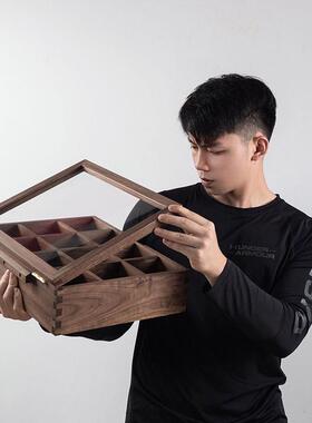 UG73黑胡桃木收纳盒分格燕1木2类格分盒子玻468璃盖翻盖式尾榫结