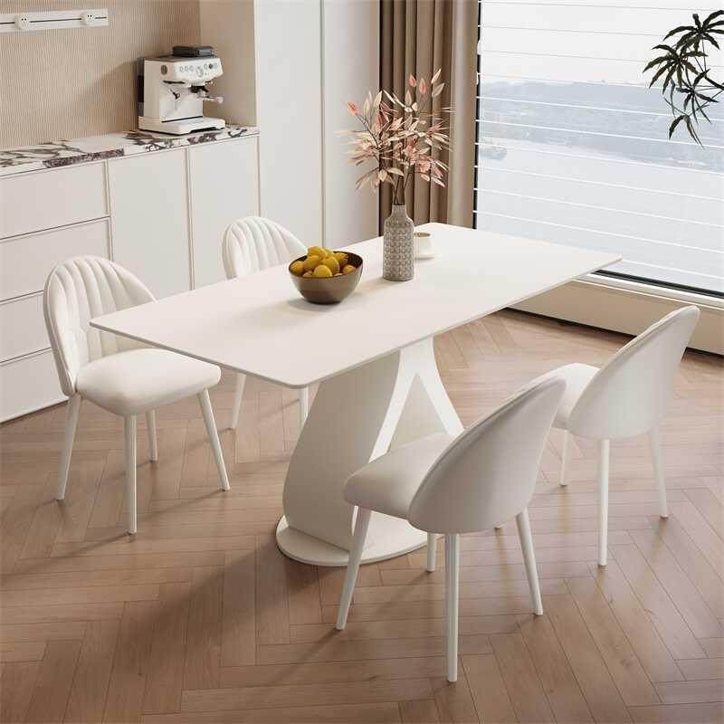 奶油风岩板餐桌小型家用代轻GLY奢圆形餐桌餐椅组合一户整现套桌