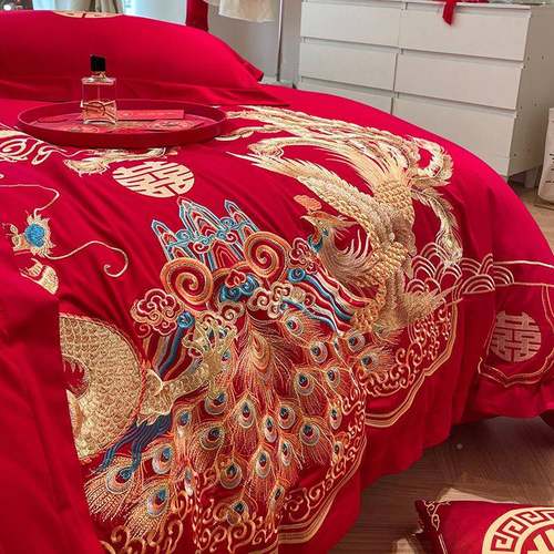 档中式婚结龙凤刺绣四件套庆大20250413红色床单被套磨高毛陪嫁婚