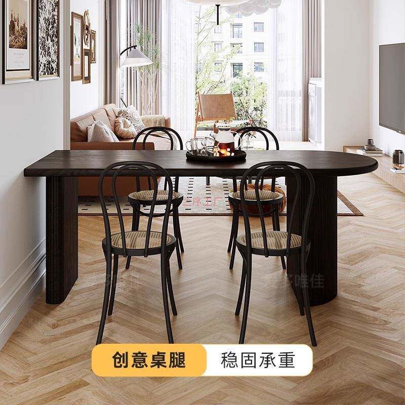 法式木复弧古实餐桌半圆形家用小户型饭桌靠墙椅黑72707210色中古