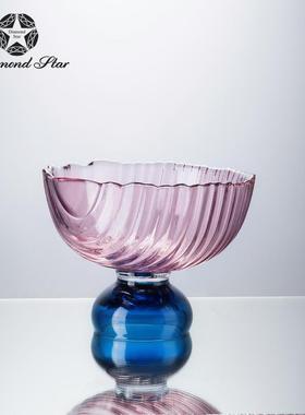 现代简约粉蓝撞色彩色高脚口AL640842大径玻璃纹收竖纳果盘装饰