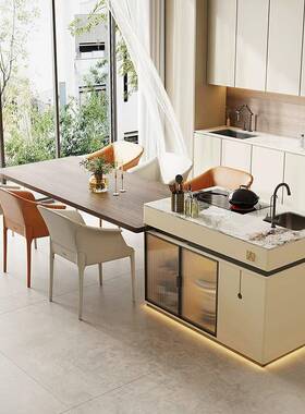 伸现代高端岛VWH台桌一体家用可带缩岩板餐桌多功能水槽中岛台餐