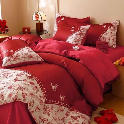 高档中式结婚四件套大红色陪嫁床单被套纯棉婚庆床上用品婚房喜被